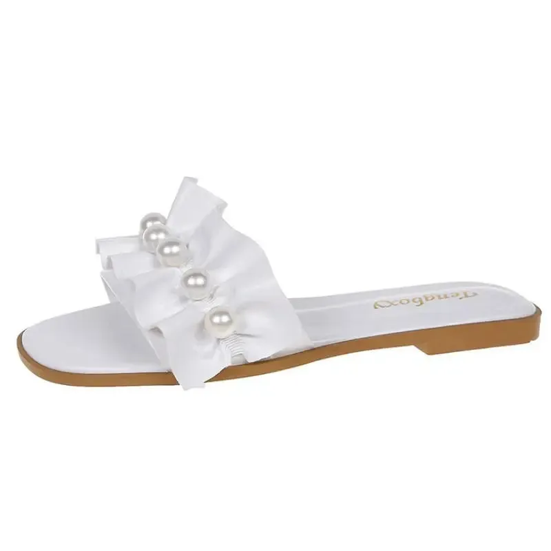 Women Slides Faux Pearl Décor Ruffle Trim Sandals Open Toe Wear-resistant Flat Slippers Summer Semi Formal Sandals Women Shoes