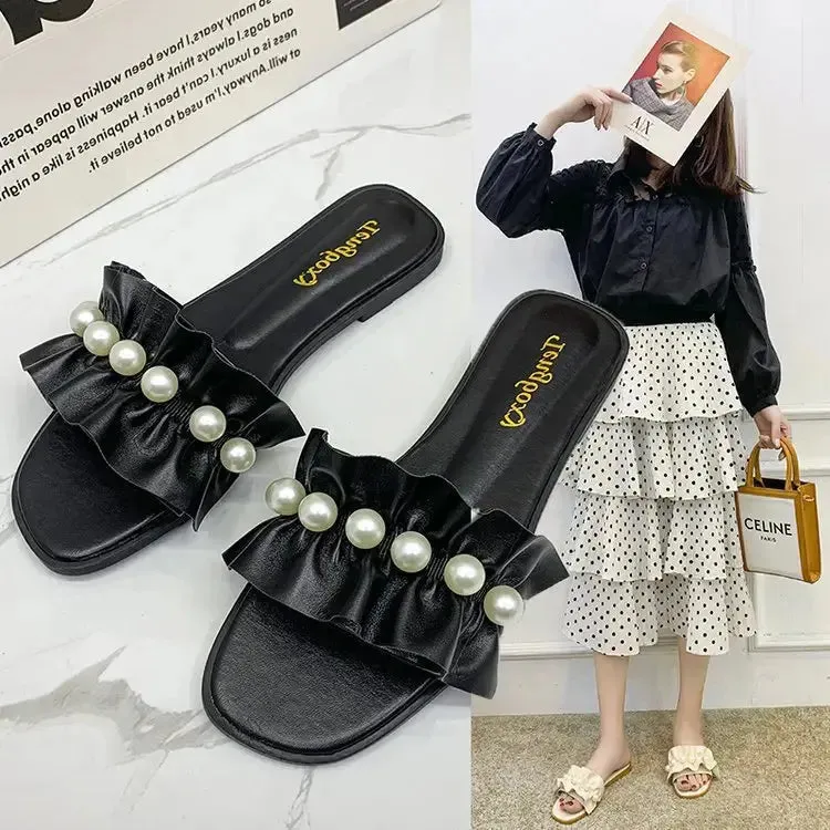 Women Slides Faux Pearl Décor Ruffle Trim Sandals Open Toe Wear-resistant Flat Slippers Summer Semi Formal Sandals Women Shoes