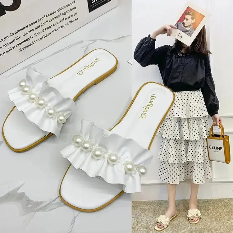 Women Slides Faux Pearl Décor Ruffle Trim Sandals Open Toe Wear-resistant Flat Slippers Summer Semi Formal Sandals Women Shoes