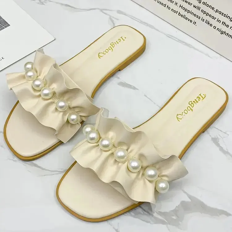 Women Slides Faux Pearl Décor Ruffle Trim Sandals Open Toe Wear-resistant Flat Slippers Summer Semi Formal Sandals Women Shoes