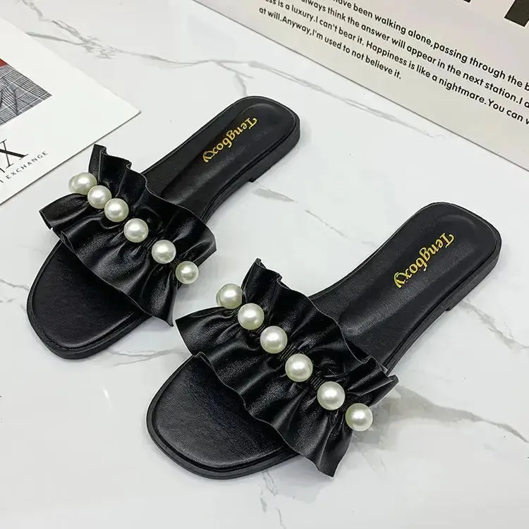 Women Slides Faux Pearl Décor Ruffle Trim Sandals Open Toe Wear-resistant Flat Slippers Summer Semi Formal Sandals Women Shoes