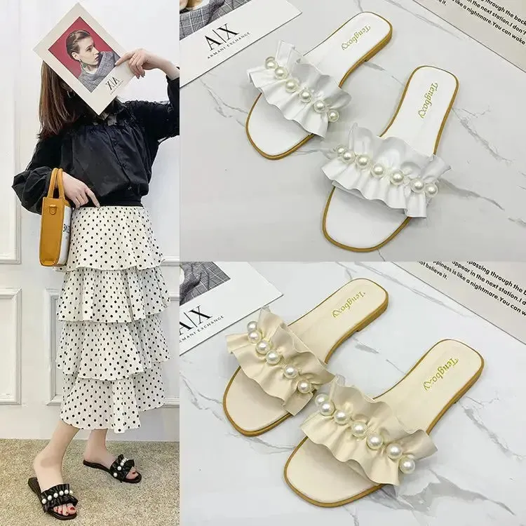 Women Slides Faux Pearl Décor Ruffle Trim Sandals Open Toe Wear-resistant Flat Slippers Summer Semi Formal Sandals Women Shoes
