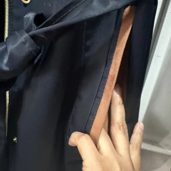 🤩Women Trench Coat Jones New York Sz M Mid Length Navy Belt Vent Full Zip Satin