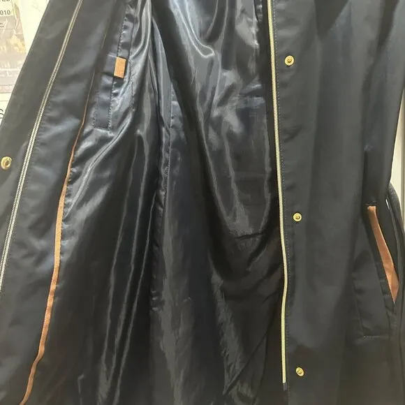 🤩Women Trench Coat Jones New York Sz M Mid Length Navy Belt Vent Full Zip Satin