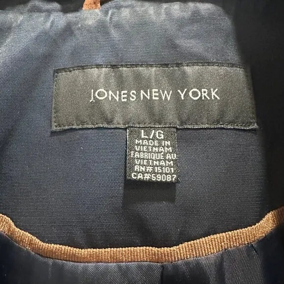🤩Women Trench Coat Jones New York Sz M Mid Length Navy Belt Vent Full Zip Satin