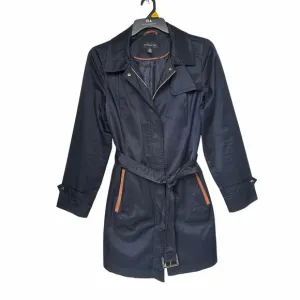 🤩Women Trench Coat Jones New York Sz M Mid Length Navy Belt Vent Full Zip Satin