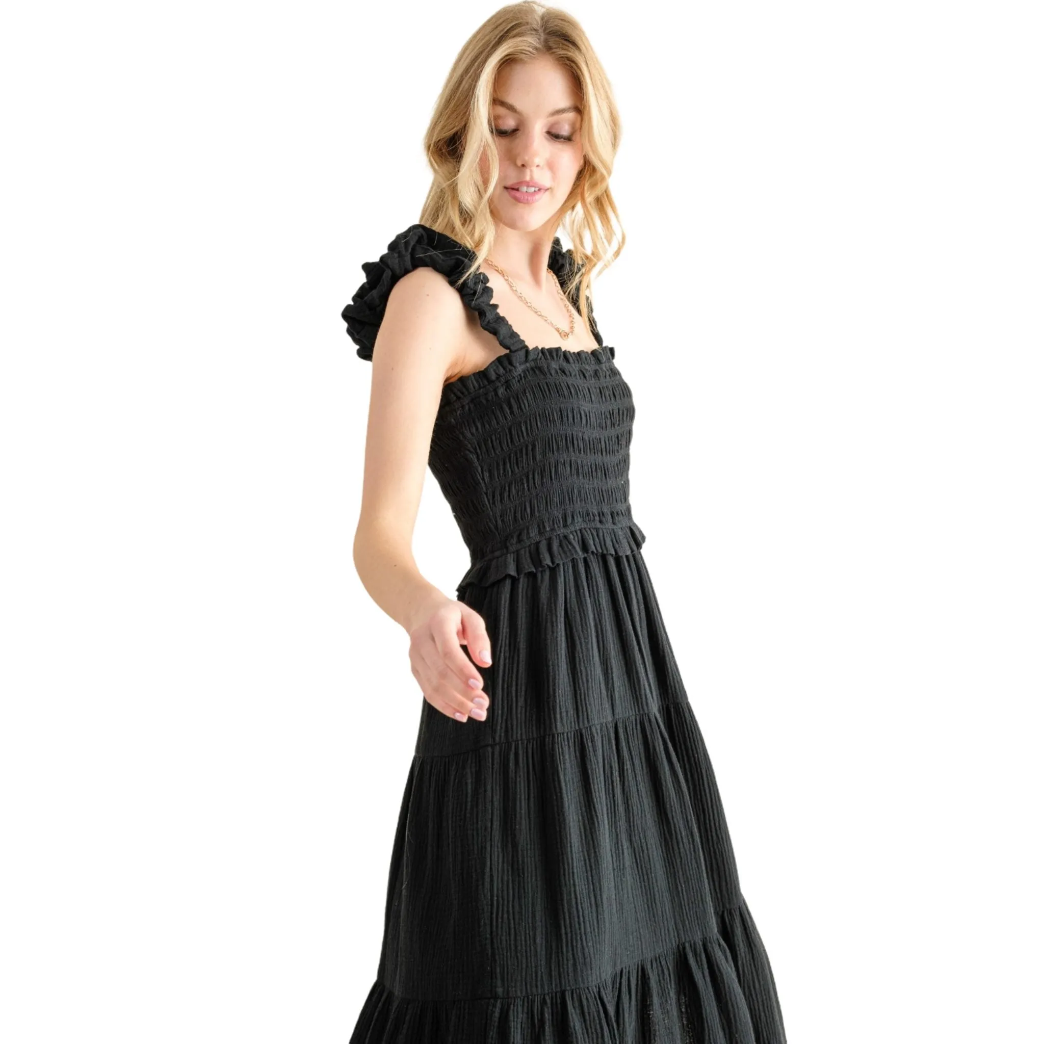 Women's Black Smocked Sundress with Ruffled Straps and Tiered Skirt