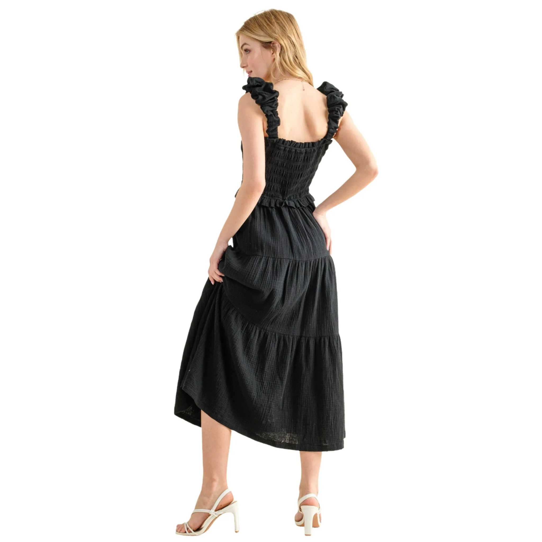 Women's Black Smocked Sundress with Ruffled Straps and Tiered Skirt