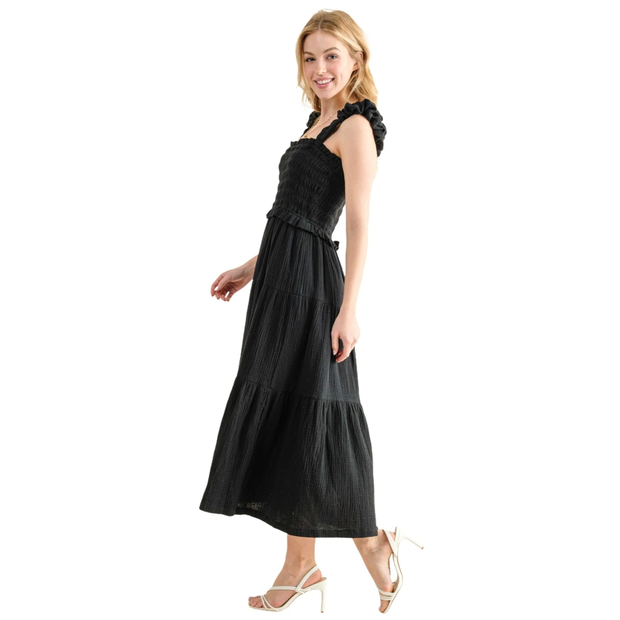 Women's Black Smocked Sundress with Ruffled Straps and Tiered Skirt