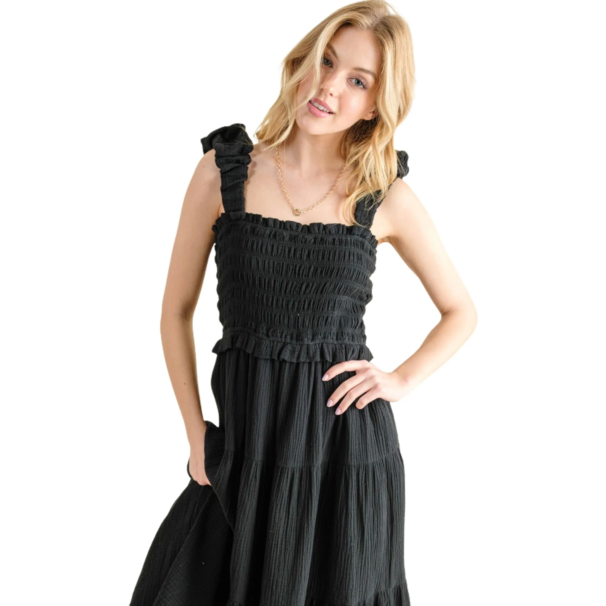 Women's Black Smocked Sundress with Ruffled Straps and Tiered Skirt