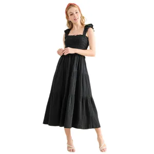 Women's Black Smocked Sundress with Ruffled Straps and Tiered Skirt