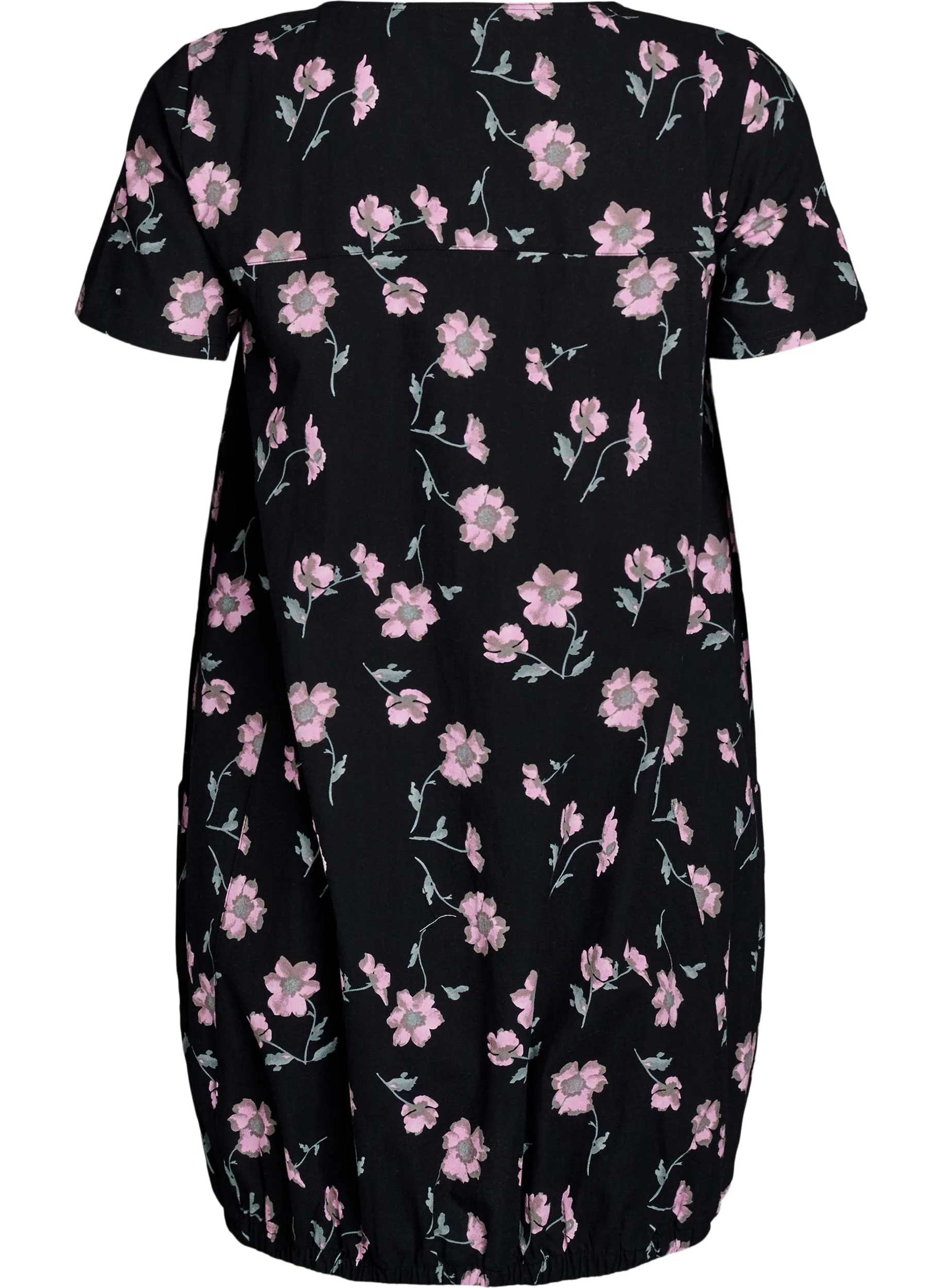 Zizzi Cotton Bubble Dress in Black with Pink Flowers