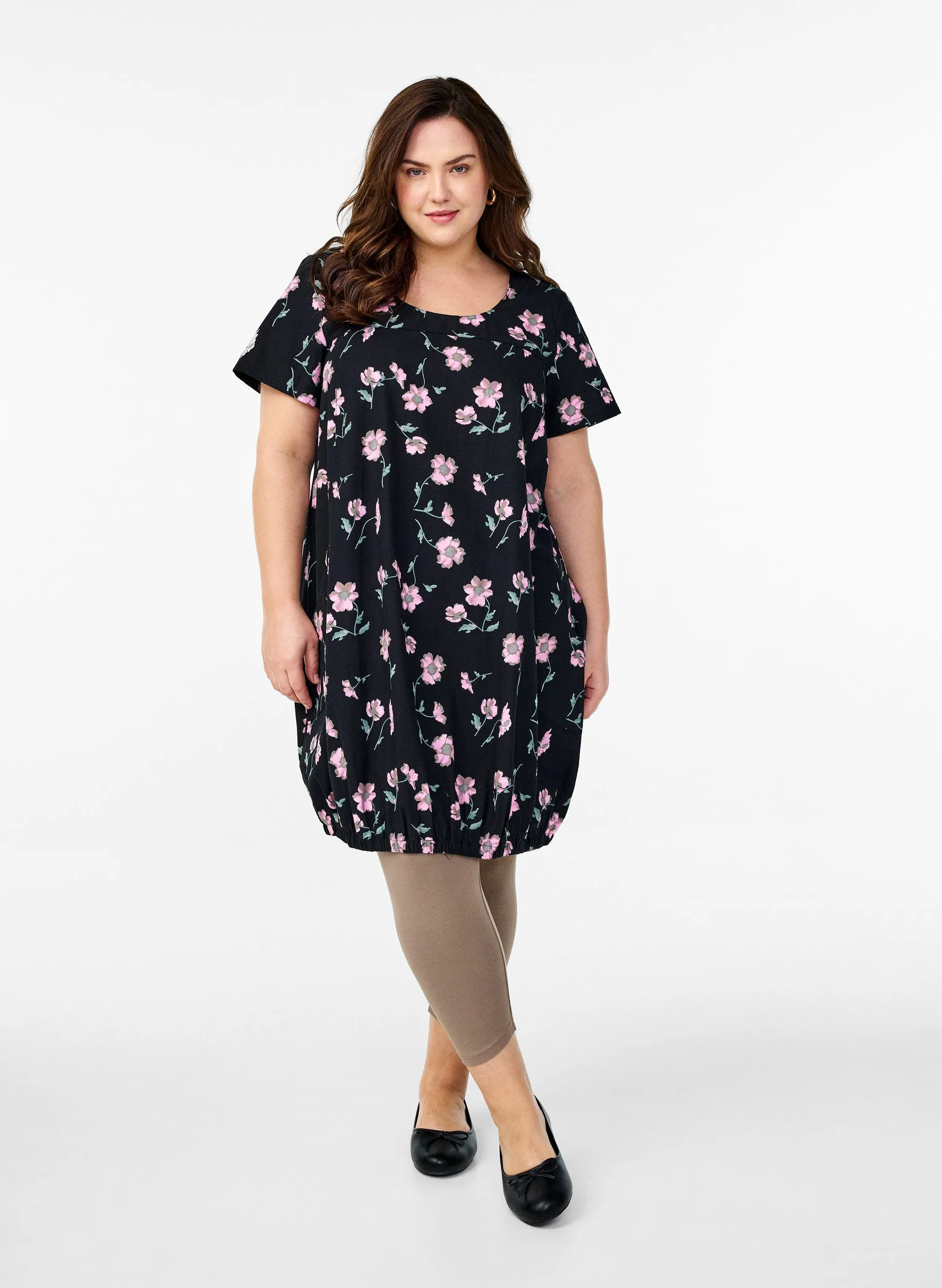 Zizzi Cotton Bubble Dress in Black with Pink Flowers