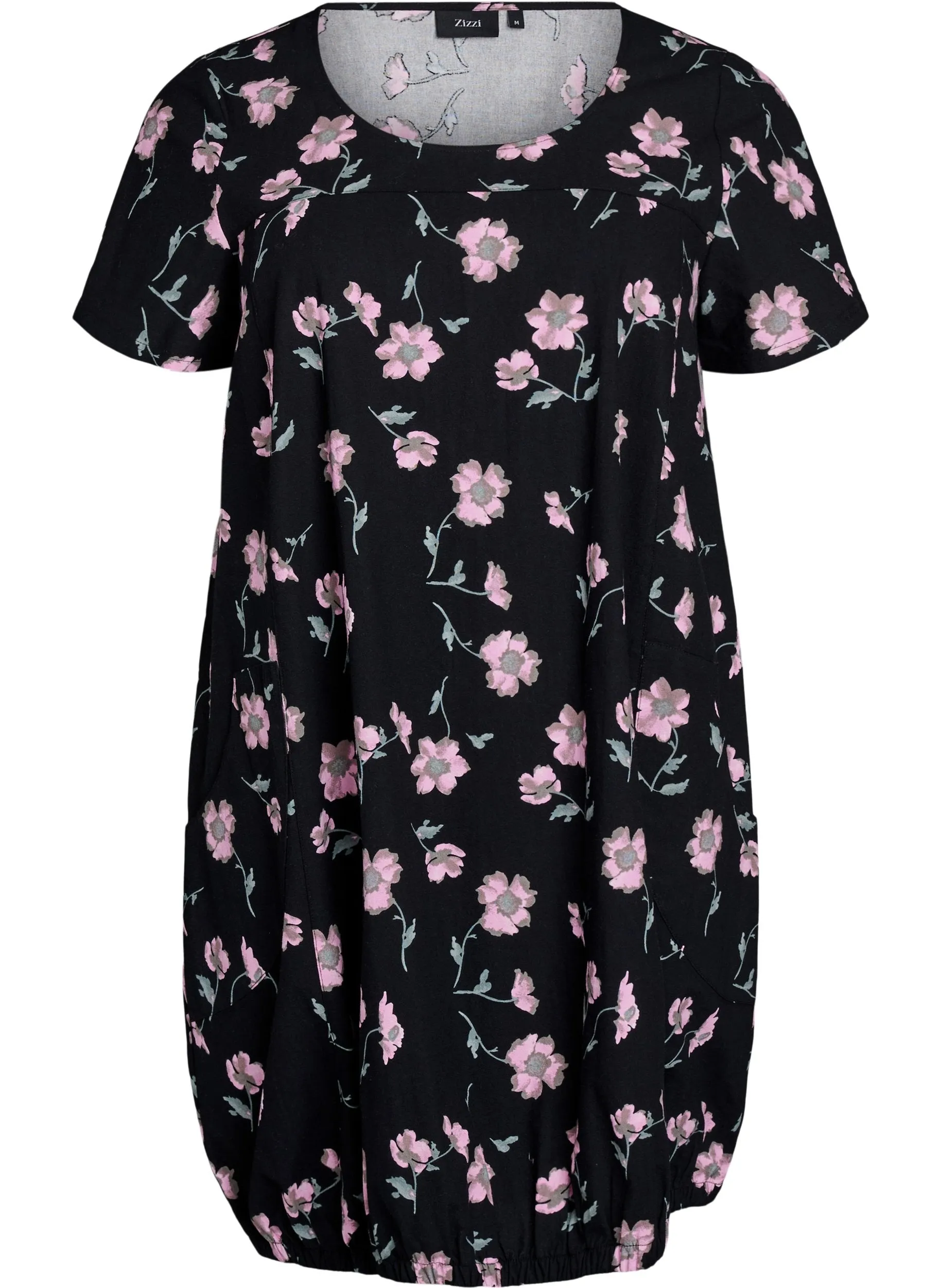 Zizzi Cotton Bubble Dress in Black with Pink Flowers