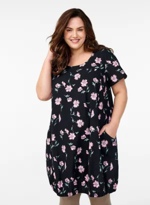 Zizzi Cotton Bubble Dress in Black with Pink Flowers